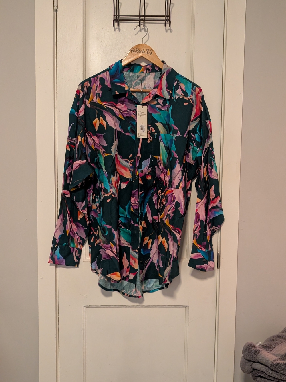 Calia Teal Floral Brushstroke Button-Down Shirt Swim cover